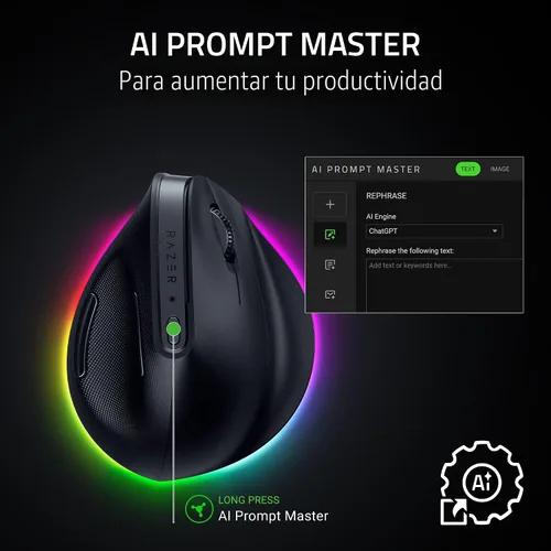 Vista 3 de Ratón Inalámbrico Vertical Razer Pro Click V2: Diseño Ergonómico de 6 Botones - Comando AI de Un Clic - Compatible con Windows y Mac - Conectividad