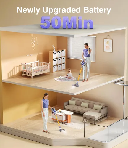 Vista 3 de MBYULO - Aspiradora inalámbrica de mano, vertical para hogar, liviana, 400 W, 38 kPa potente succión, batería recargable hasta 50 minutos