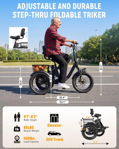 Vista 8 de Bicicleta eléctrica T10, triciclo eléctrico de 1200 W, motor sin escobillas, triciclo plegable de 48 V 10.4 AH, bicicleta eléctrica de 3 ruedas