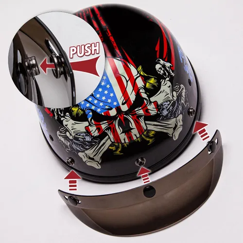 Vista 3 de CARTMAN Casco de media cara para motocicleta Cruiser Scooter, diseño de bandera americana con calavera, aprobado por DOT para bicicleta, patineta