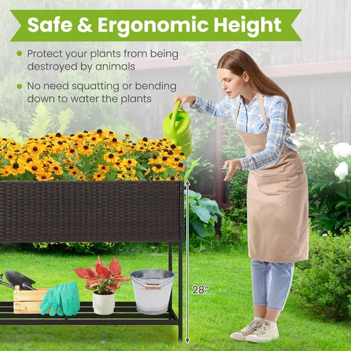 Vista 5 de HAPPYGRILL Cama de jardín elevada de ratán con patas, estante inferior de Maceta elevada con forro extraíble, sistema de drenaje, maceta elevada