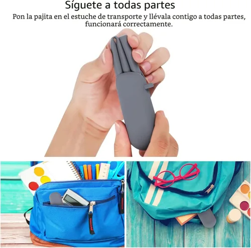 Vista 2 de Sunseeke Pajitas de Silicona Reutilizables - Sin Olor, 12 Pajitas Estándar para Beber, 4 Bolsas de Transporte, 2 Cepillos de Limpieza, Silicona