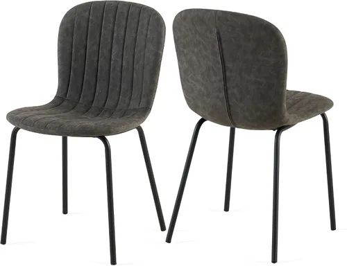 Vista 2 de Juego de 2 sillas modernas de mediados de siglo con patas de metal y cojín de piel sintética para comedor, sala de estar, gris Marrón