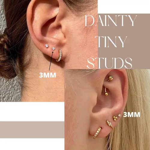 Vista 12 de 3mm Tiny CZ Flat Back Stud Earrings,14K Gold Small Screw on Cubic Zirconia Earrings for Cartilage Helix Tragus Piercing Jewelry Gift for Women Girls