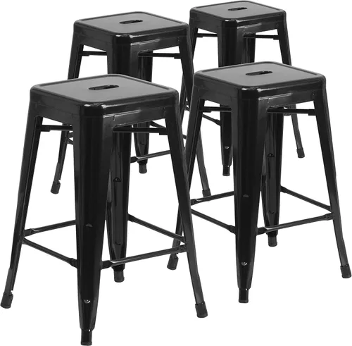 Vista 39 de Taburete de 24 pulgadas de alto para interior y exterior con asiento cuadrado., Metal, Negro