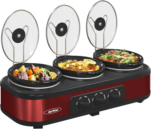 Vista 12 de Sunvivi Olla de Cocción Lenta Triple para Buffet y Calentador, 3 Ollas de Comida Pequeñas Mini Manuales con Temperatura Ajustable, Soportes