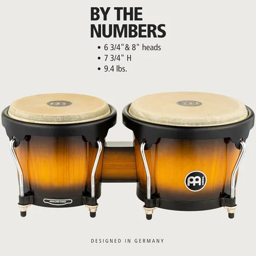 Vista 6 de Meinl Percussion HB100SNT-M bongós de madera natural de 6 3/4 y 8 pulgadas, Vintage Sunburst Bongos profesionales de madera duradera para adultos