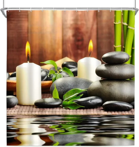 Vista 6 de Cortina de ducha de tela de poliéster, decoración de spa por baño, decoración de jardín zen para baño, diseño mágico japonés, velas de bambú, verde