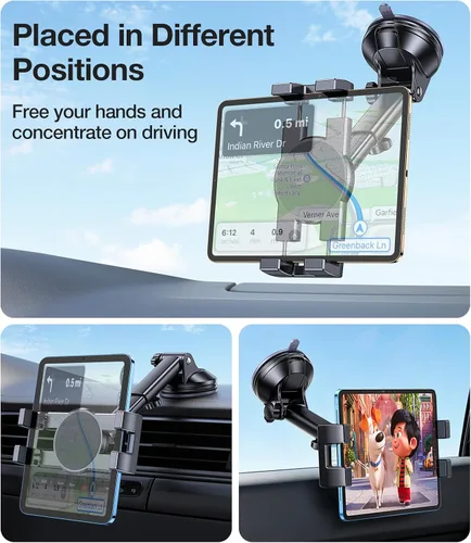 Vista 10 de Soporte para tablet para coche, soporte para iPad para coche【Parabrisas+Salpicadero】Ventosa para iPad para camión Soporte【360° 】Soporte para tablet