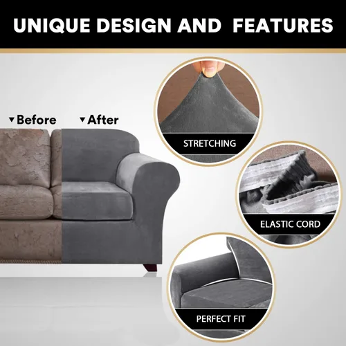 Vista 4 de Fundas elásticas de terciopelo real para silla de 3/4 piezas, fundas para sofá, protectores de muebles, patrón a cuadros, extraíbles y lavables