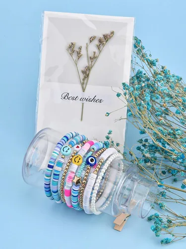 Vista 4 de Abitoncc Preppy Heishi - Juego de pulseras de surfista para niñas adolescentes, bonitos aretes estéticos, anillos estéticos preppy coloridos de oro