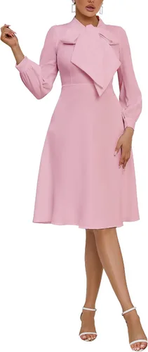 Vista 6 de Bowknot manga abullonada vestido de mujer una línea de cintura alta vestido midi vestido liso Azul/claro