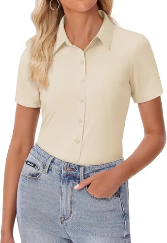 Vista 16 de siliteelon Camisa de vestir con botones para mujer, ajustada, elástica, de manga corta, sin arrugas, sólida, formal, para el trabajo
