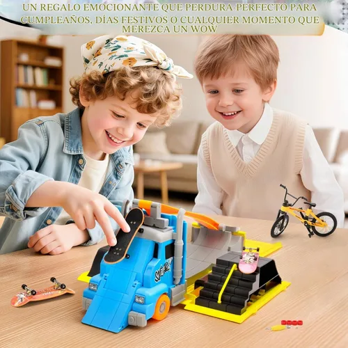 Vista 3 de Set de Parque de Patineta Hestiasko, Vehículo Camión Transformable 2-en-1 con 3 Diapasones, Bicicleta de Dedo, Rampas, Estuche de Almacenamiento