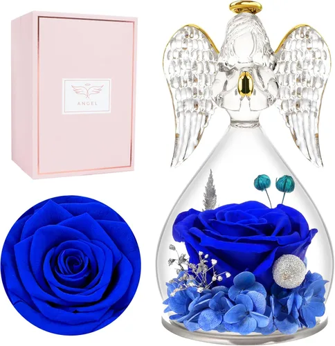 Vista 19 de Miofula Regalos para mamá, regalos de cumpleaños para mujeres, flores preservadas en figuras de ángel de cristal, flores frescas para entrega, Rosa