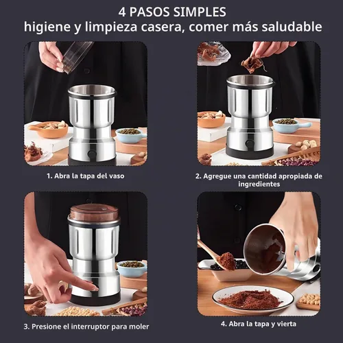 Vista 4 de Molinillo de café eléctrico, molinillo de grano de café multifuncional, cuchillas de acero inoxidable 18/10 de grado alimenticio, diseño ligero