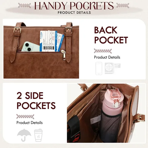 Vista 7 de RAINSMORE Bolsa para Laptop para Mujeres, Bolsa Tote para Laptop de 15.6 Pulgadas de Cuero PU Bolsa de Trabajo para Computadora Ligera Bolsos