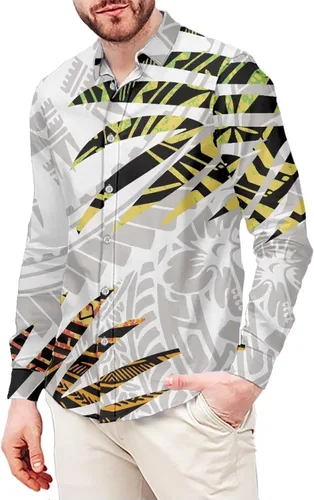 Vista 10 de Camisa polinesia con botones para hombre, Aloha Samoan, patrón tradicional, manga larga, camisa hawaiana para hombre, talla grande, casual