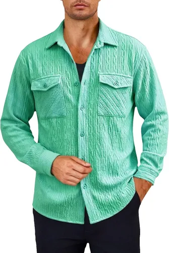 Vista 29 de Camisas con botones para hombre, casual, de manga larga, con cuello jacquard, texturizada, ligera, sobrecamisa, sobrecamisa