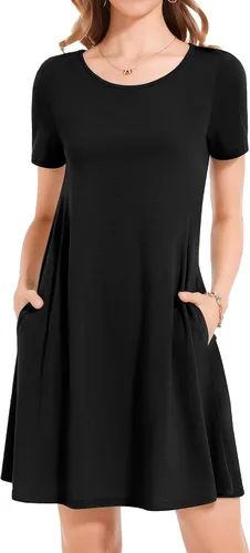 Vista 4 de Vestidos de verano para mujer, informales, holgados, estilo camiseta, florales, de manga corta, con vuelo y bolsillos, para la playa