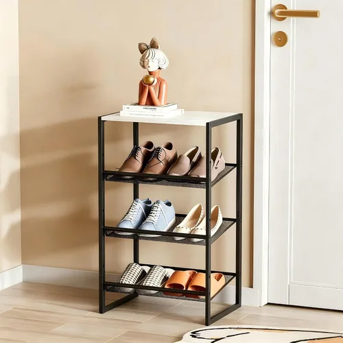 Vista 10 de Garden 4 you Zapatero estrecho de 3 niveles para armario, zapatero pequeño con mesa de madera marrón, estante de zapatos de metal ajustable