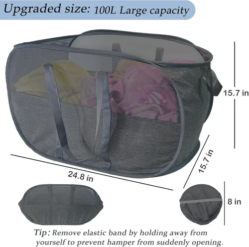 Vista 2 de Cesta de lavandería plegable mejorada de 100 L, cesta de lavandería desplegable de malla extragrande, cesta de ropa sucia con asas largas, cestas