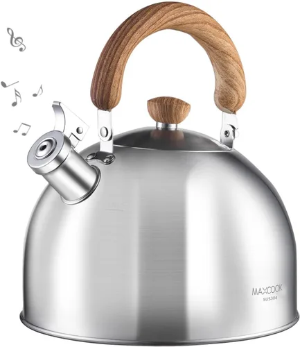 Vista 12 de Hervidor de té de acero inoxidable 18/8 para estufa (2L / 2.1 cuartos, tetera silbante, mango de madera) - Plateado