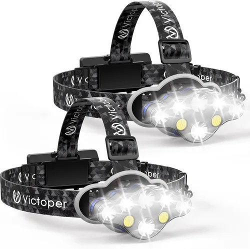 Vista 9 de Victoper - Linterna frontal recargable, 8 LED de 18000 lúmenes con luz roja, linterna frontal USB ligera, impermeable, de 8 modos, equipo para Negro