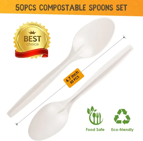 Vista 2 de Gezond Cucharas compostables, paquete de 50 cucharas desechables de 6.7 pulgadas, sin plástico, juego de cubiertos biodegradables resistentes