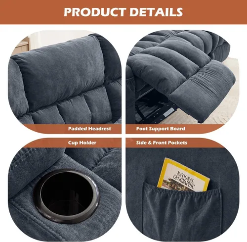 Vista 4 de MAHOMICO Sofá reclinable con portavasos para sala de estar, manual de 3 asientos, sillón reclinable de gran tamaño con ergonómico, bolsillo lateral