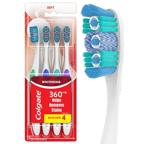 Vista 2 de Colgate Cepillo de dientes blanco óptico 360, cepillo de dientes suave para adultos con tazas blanqueadoras y pasta de dientes blanqueadora máxima