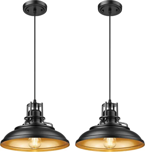 Vista 9 de FEMILA Lámpara Colgante de Granja, Lámpara Colgante Vintage de Granero de 12" para Isla de Cocina, Altura Ajustable, Acabado en Bronce Frotado