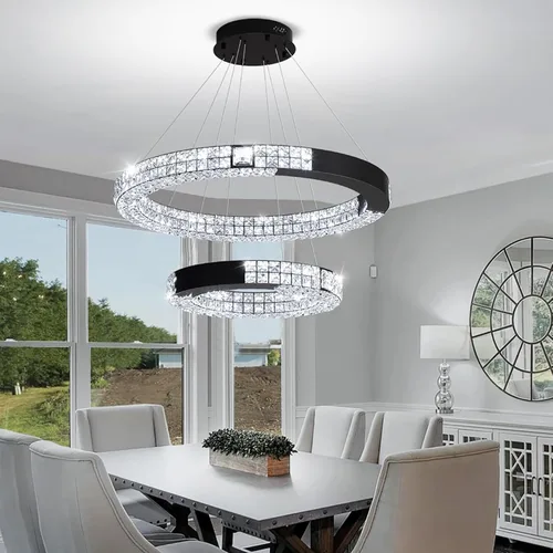 Vista 2 de Candelabro LED de anillo dorado para sala de estar, comedor y dormitorio, lámparas de cristal modernas, iluminación colgante, lámparas ajustables