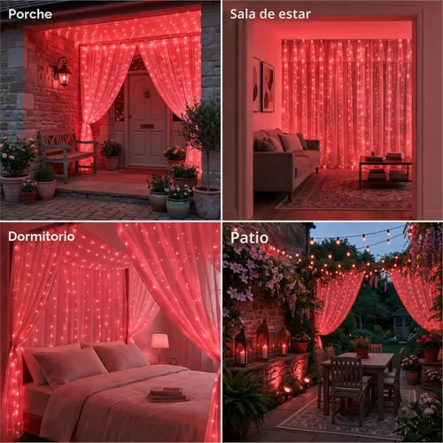 Vista 6 de HXWEIYE - Tira de 300 luces LED, cortina de guirnaldas navideñas con enchufe USB, 8 modos, control remoto para decoración de pared, fondo de Rojo