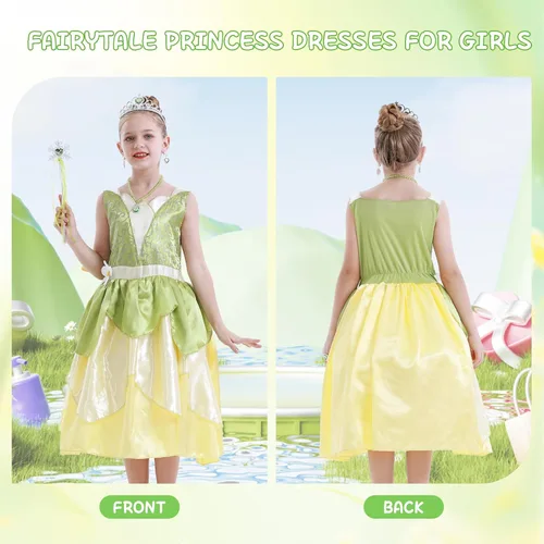 Vista 3 de COTRIO Vestido de princesa de rana de hada verde para niñas, fiesta de cumpleaños, disfraces de elfo de Halloween con accesorios