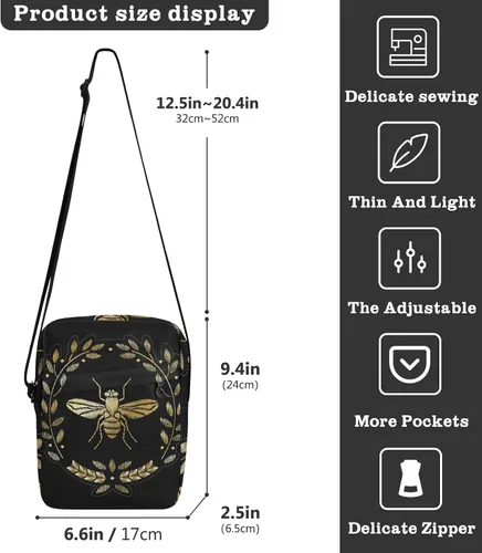 Vista 3 de Bolsa de mensajero bordada de abeja para mujeres y hombres, bolsa cruzada para el hombro, bolso cruzado con correa ajustable para viajes al aire