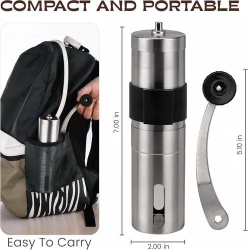 Vista 4 de Molinillo de café manual – 18 ajustes ajustables, molinillo cónico de grano de café de acero inoxidable, portátil, duradero y apto para viajes