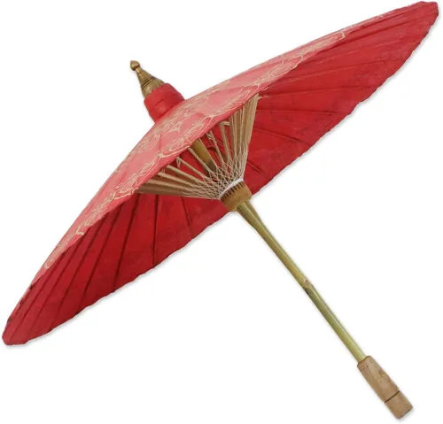 Vista 7 de NOVICA Sombrilla artesanal de papel Saa hecha a mano en rojo con detalles dorados de Tailandia Tono Paperbamboo Accesorios de decoración Pintado