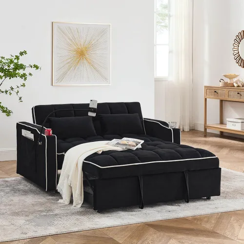 Vista 14 de Sofá cama biplaza de terciopelo convertible y moderno con cama desplegable, respaldo ajustable y 2 almohadas lumbares, para espacios pequeños