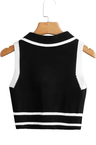 Vista 2 de Verdusa Suéter sin mangas con cuello a rayas y botones para mujer
