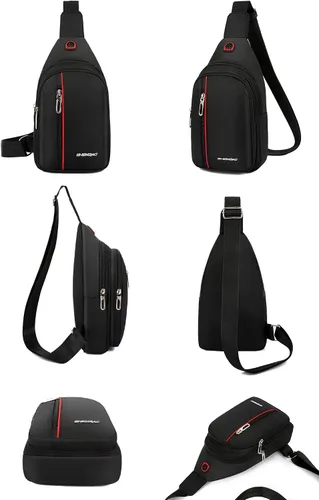 Vista 6 de Bolso cruzado pequeño para el pecho, hombro, bolsa de viaje, mochila casual para hombres y mujeres con agujero para auriculares, resistente al agua