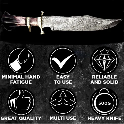 Vista 4 de Noon Knives: Cuchillo Bowie coleccionable de acero de Damasco hecho a mano, mango de hueso de camello (negro)