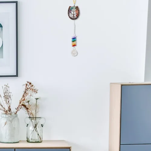Vista 2 de TUMBEELLUWA Adorno colgante de árbol de la vida con forma de herradura, colgante de pared de piedra de chakra de Reiki para el hogar y la oficina