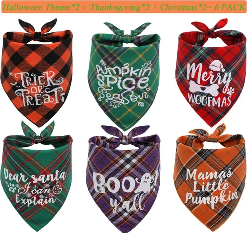 Vista 3 de Pañuelos navideños para perro, paquete de 6 bandanas para Halloween, otoño, Acción de Gracias, Navidad, para perro, decoraciones de disfraz