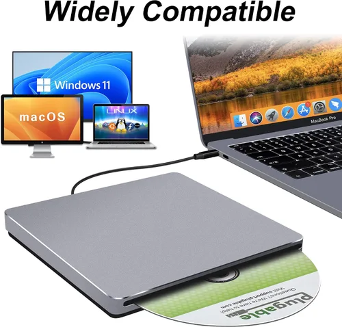 Vista 3 de Unidad de CD externa para Mac: USB C reproductor de grabadora de DVD SuperDrive para portátil Windows Apple Plug & Play Copia de seguridad de datos
