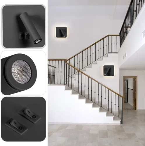 Vista 2 de Kawell Apliques de pared LED modernos 2 en 1 de 8 W con interruptor, foco de pared de lectura ajustable de 3 W, cableado interior para dormitorio