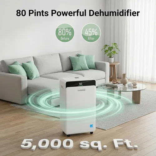 Vista 5 de Ludatido Deshumidificador ENERGY STAR actualizado 2026, 80 pintas/día, 5000 pies cuadrados para toda la casa y sótano, tanque de 1.72 galones
