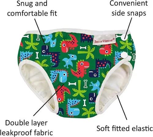 Vista 2 de Imse Vimse Pañales de natación reutilizables para niños (dinosaurio verde, L, 20-26 libras)