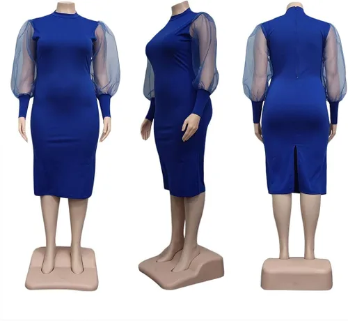 Vista 5 de OLUOLIN Vestidos elegantes de talla grande para mujer, de malla transparente, manga abombada, tipo túnica, bodycon