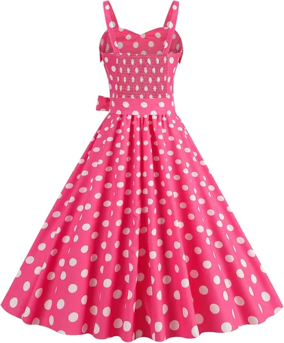 Vista 3 de ODASDO Vestido de cuadros rosa para mujer, estilo vintage, Rockabilly de los años 50, con tirantes delgados, acampanado, vestido midi para cóctel